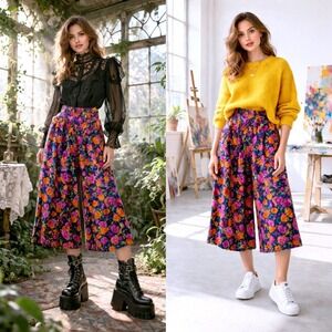 VTG 90s Handmade Floral Velvet Culottes Wide Leg Boho Whimsigoth Purple Orange M